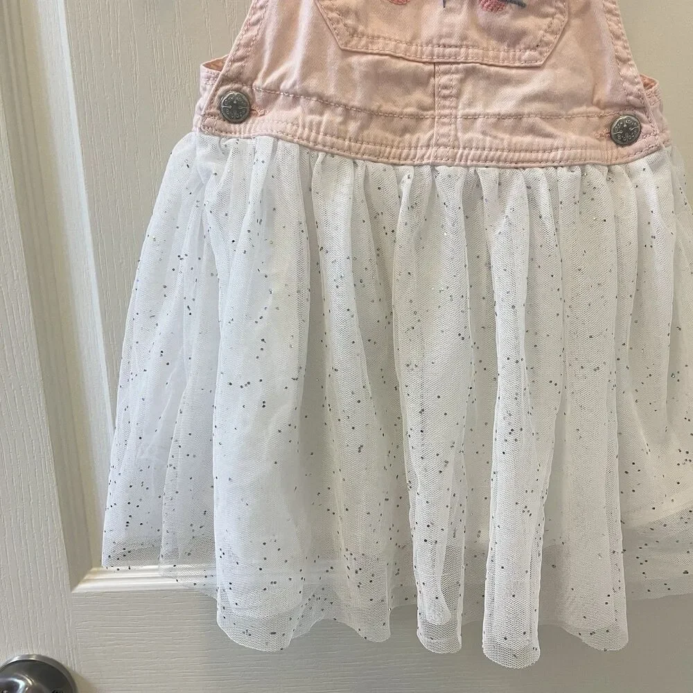 Oshkosh B'gosh Pink Overall Dress Bunny Rabbit White Tulle Girls Size 5T